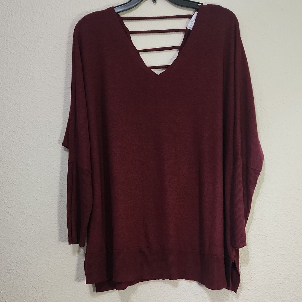 Boutique Burgundy Sweater V-Neck Strappy Back Flecks of Black Women's Size 2X